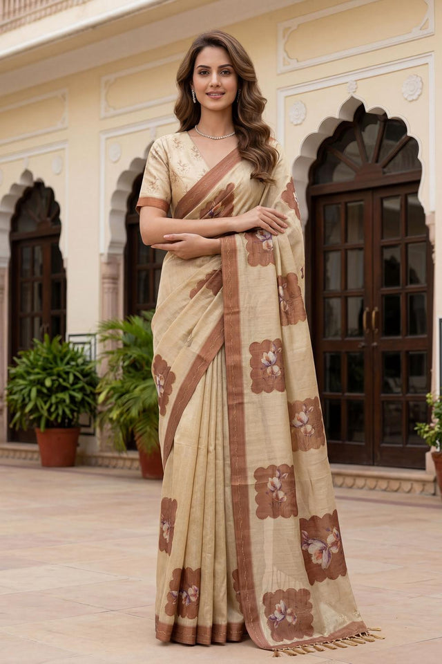 Brown Floral Printed with Thread Work Silk Saree (ACA7271)