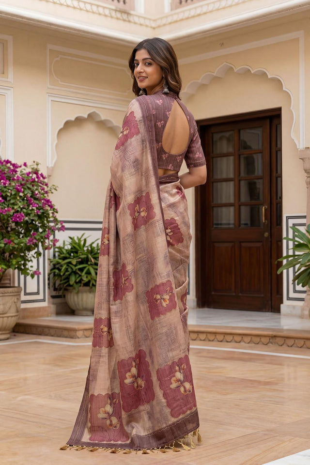 Brown Floral Printed with Thread Work Silk Saree (ACA7272)