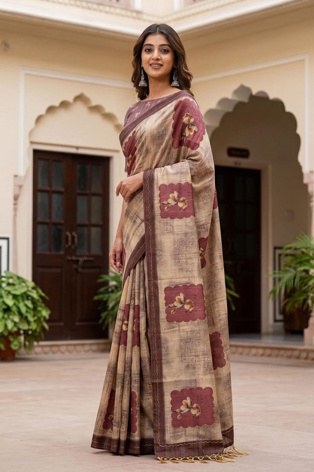 Brown Floral Printed with Thread Work Silk Saree (ACA7272)
