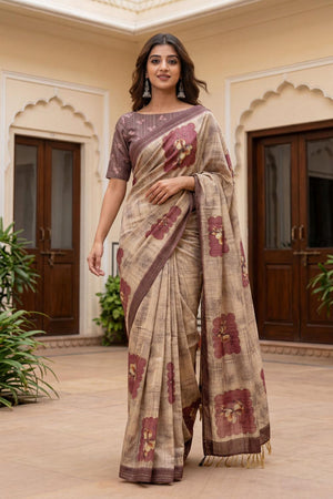 Brown Floral Printed with Thread Work Silk Saree (ACA7272)