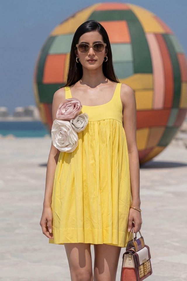 Yellow Solid Cotton Dresses (ACA7276)