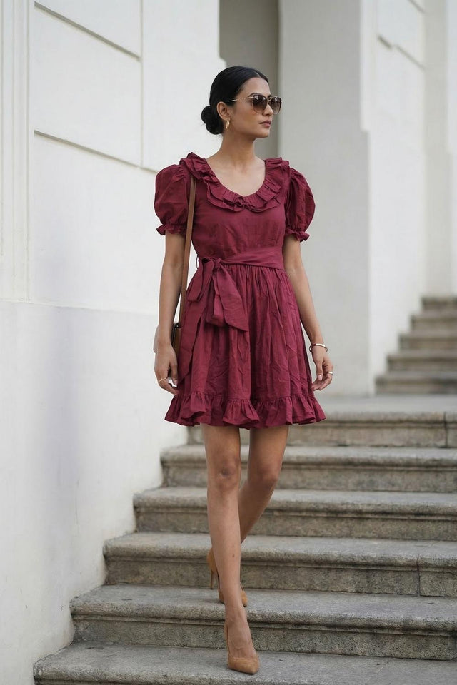 Maroon Solid Cotton Dresses (ACA7283)