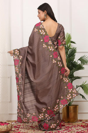 Brown Floral Embroidered Silk Saree (ACA7284)