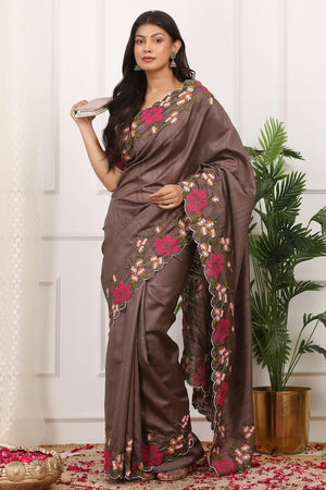 Brown Floral Embroidered Silk Saree (ACA7284)