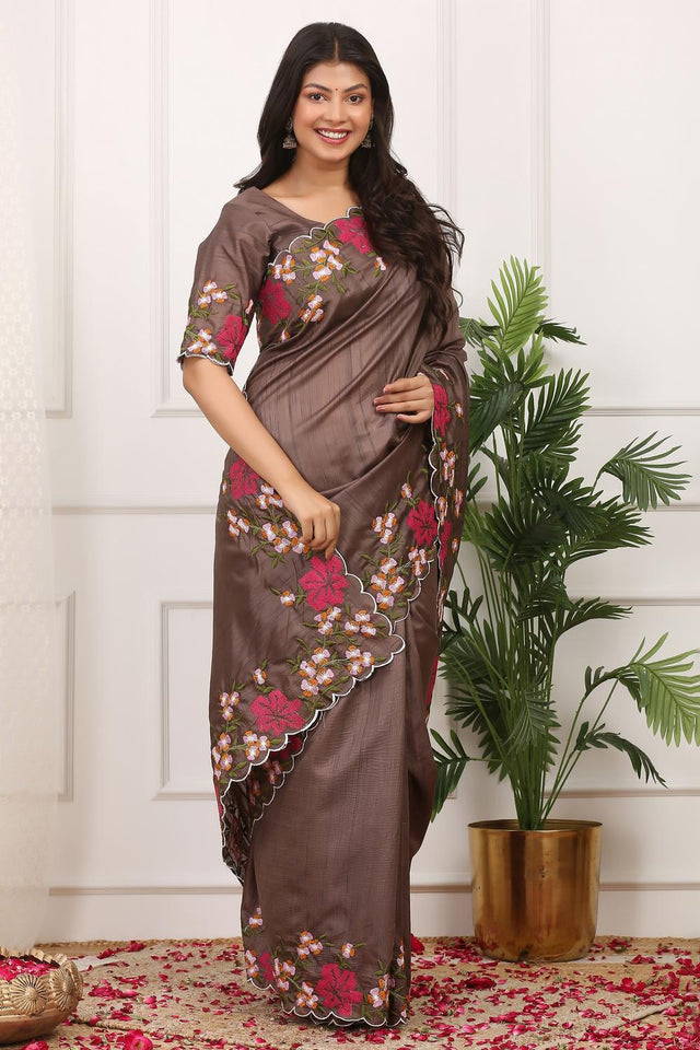 Brown Floral Embroidered Silk Saree (ACA7284)