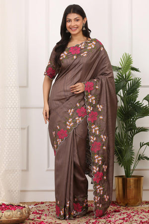 Brown Floral Embroidered Silk Saree (ACA7284)