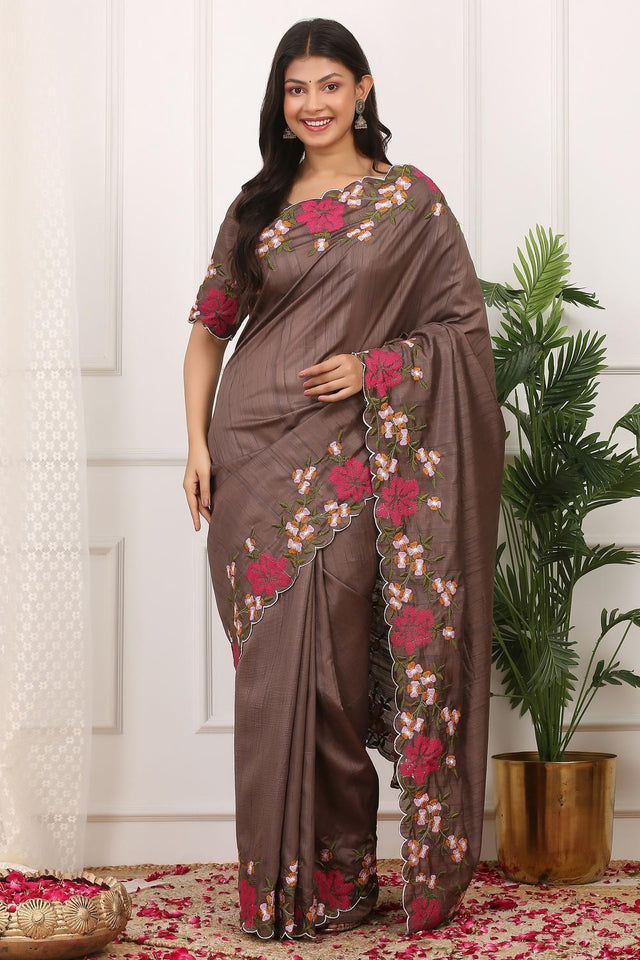 Brown Floral Embroidered Silk Saree (ACA7284)
