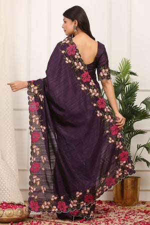 Violet Floral Embroidered Silk Saree (ACA7285)