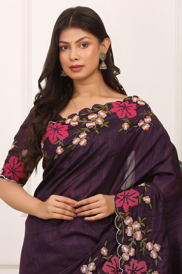 Violet Floral Embroidered Silk Saree (ACA7285)