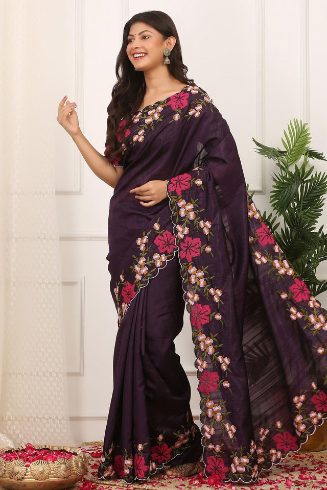 Violet Floral Embroidered Silk Saree (ACA7285)