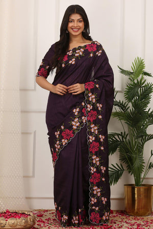 Violet Floral Embroidered Silk Saree (ACA7285)