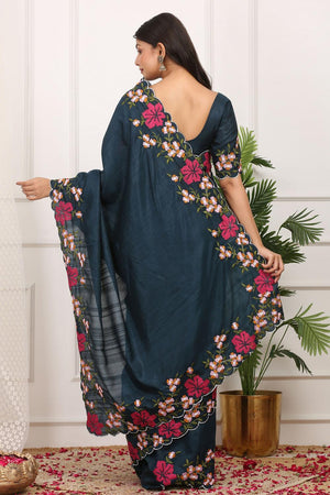 Blue Floral Embroidered Silk Saree (ACA7286)