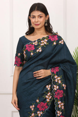 Blue Floral Embroidered Silk Saree (ACA7286)