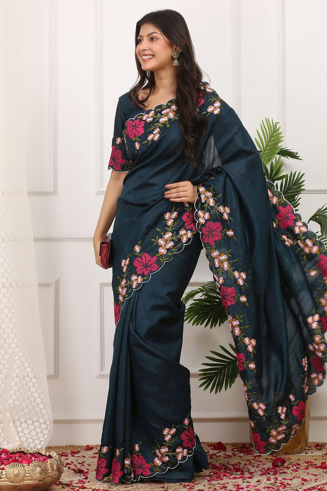 Blue Floral Embroidered Silk Saree (ACA7286)