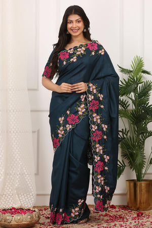 Blue Floral Embroidered Silk Saree (ACA7286)