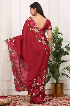 Red Floral Embroidered Silk Saree (ACA7287)