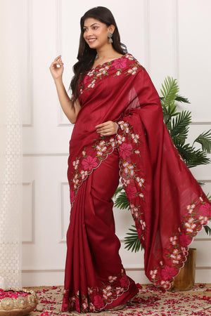 Red Floral Embroidered Silk Saree (ACA7287)