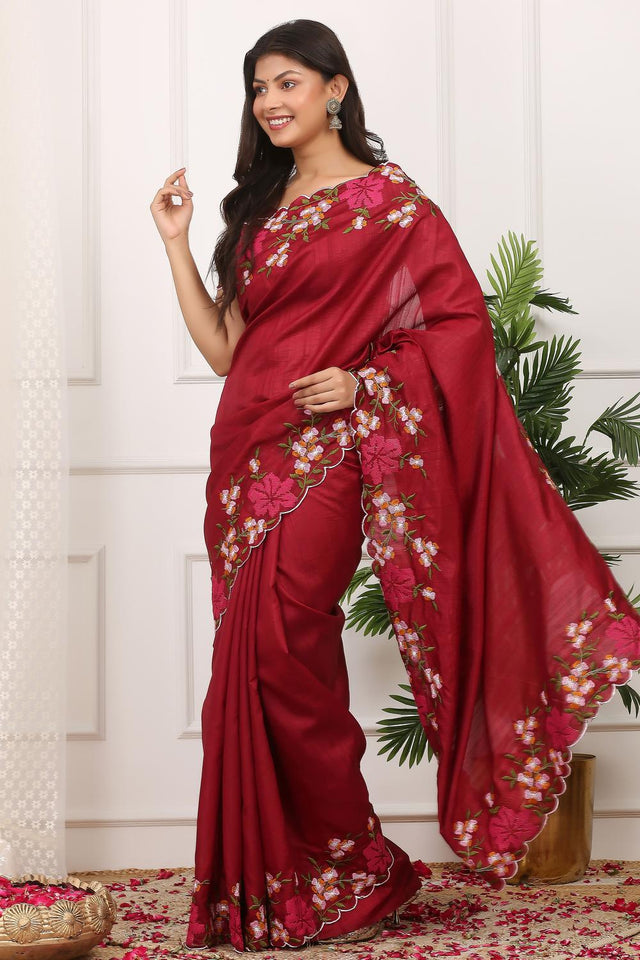 Red Floral Embroidered Silk Saree (ACA7287)