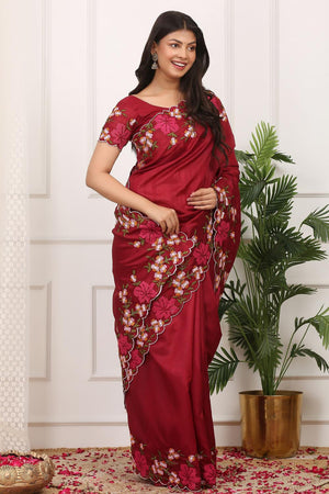 Red Floral Embroidered Silk Saree (ACA7287)