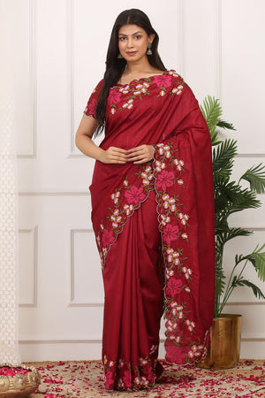 Red Floral Embroidered Silk Saree (ACA7287)