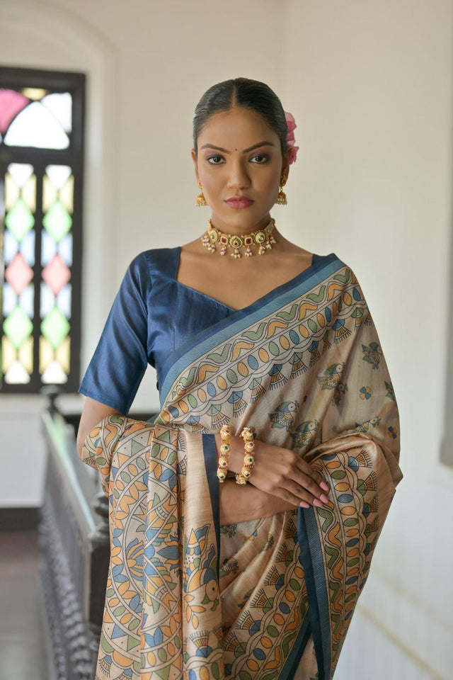 Blue Madhubani Printed Tussar Saree (ACA7288)