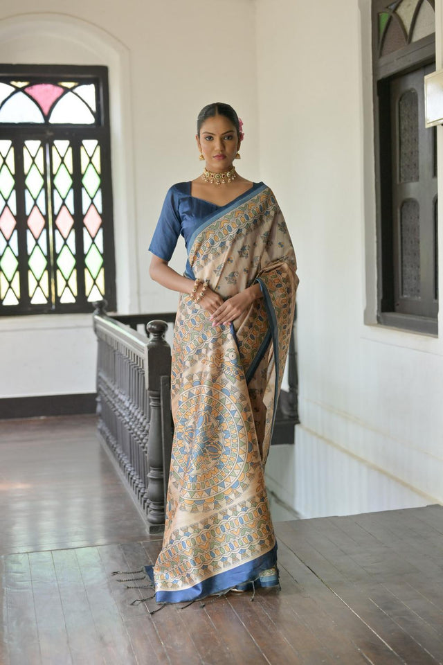 Blue Madhubani Printed Tussar Saree (ACA7288)
