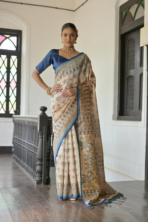 Blue Madhubani Printed Tussar Saree (ACA7288)
