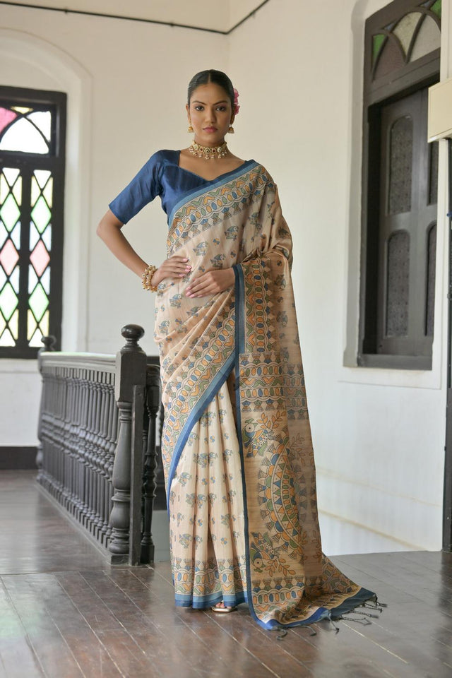 Blue Madhubani Printed Tussar Saree (ACA7288)