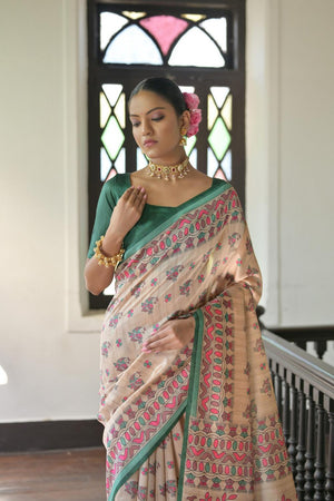 Green Madhubani Printed Tussar Saree (ACA7289)