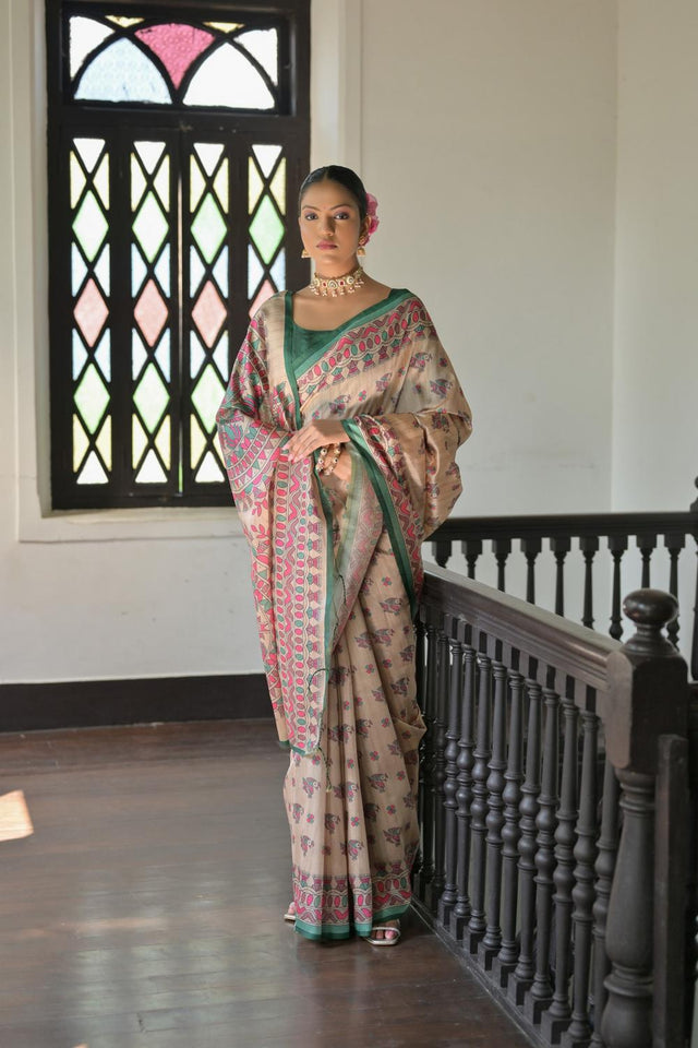 Green Madhubani Printed Tussar Saree (ACA7289)