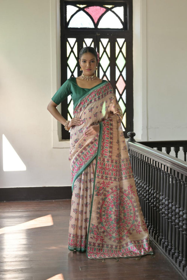 Green Madhubani Printed Tussar Saree (ACA7289)
