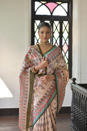 Mehendi Madhubani Printed Tussar Saree (ACA7290)