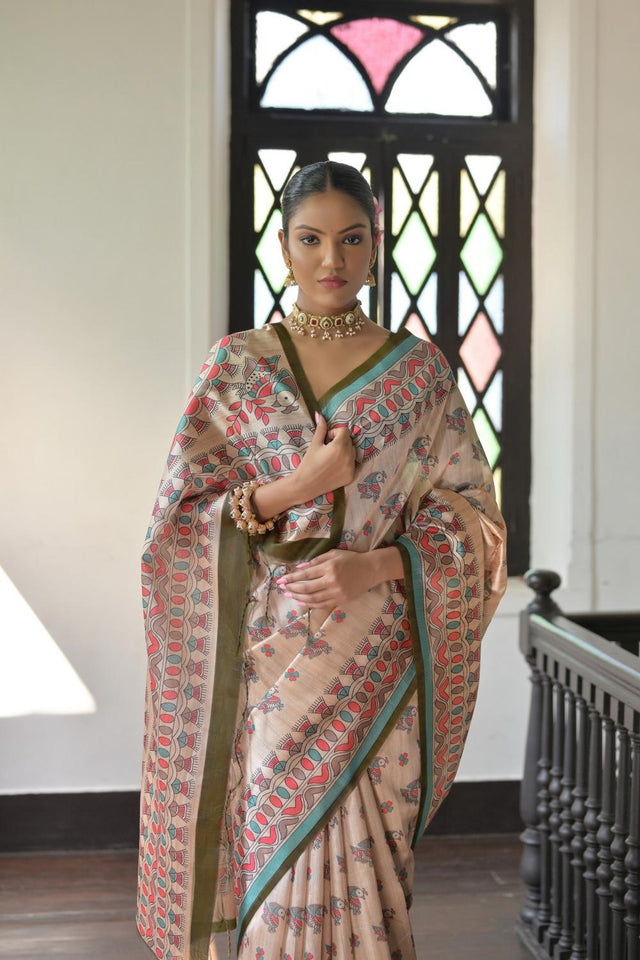 Mehendi Madhubani Printed Tussar Saree (ACA7290)