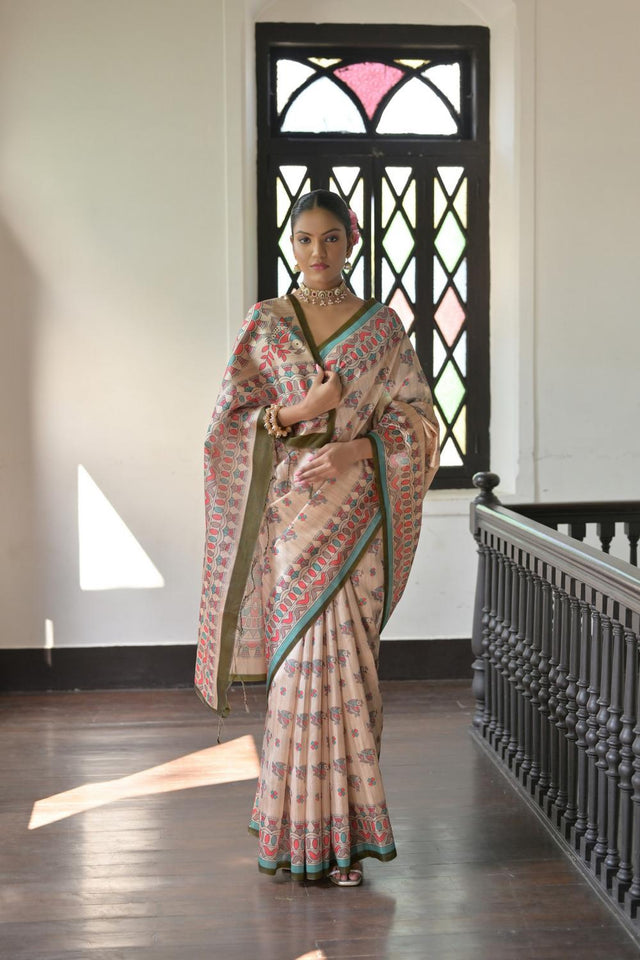 Mehendi Madhubani Printed Tussar Saree (ACA7290)