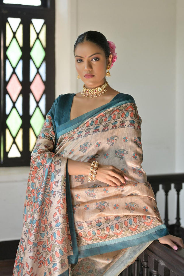 Turquoise Madhubani Printed Tussar Saree (ACA7291)