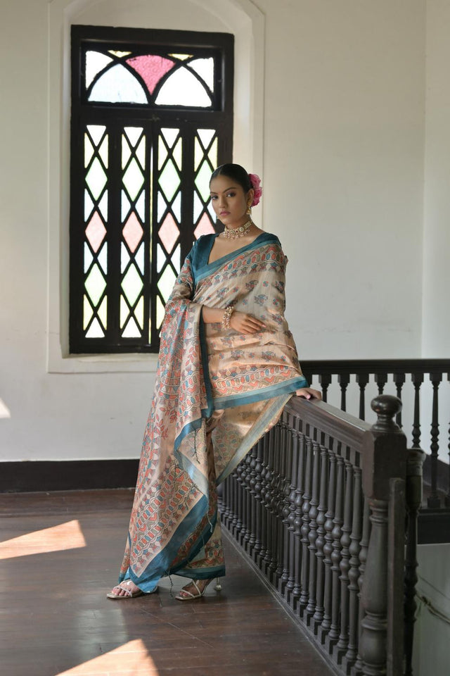 Turquoise Madhubani Printed Tussar Saree (ACA7291)