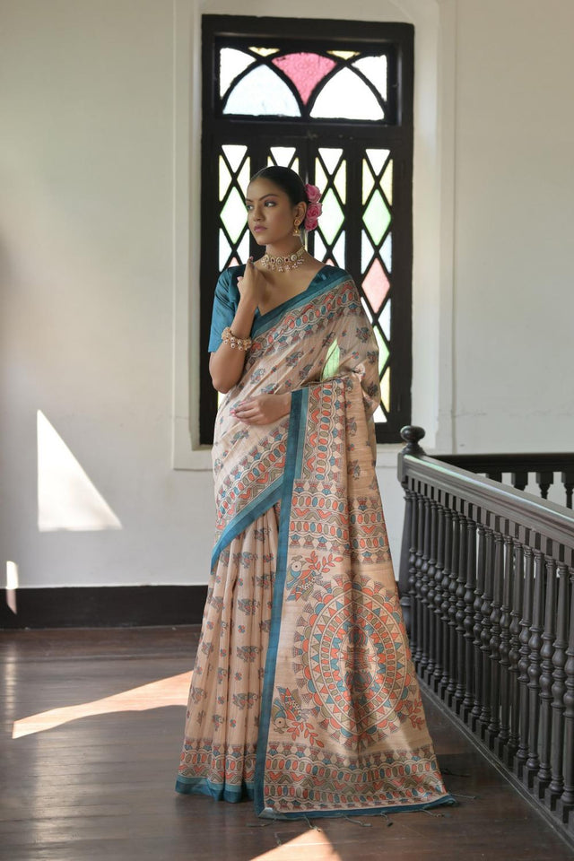 Turquoise Madhubani Printed Tussar Saree (ACA7291)