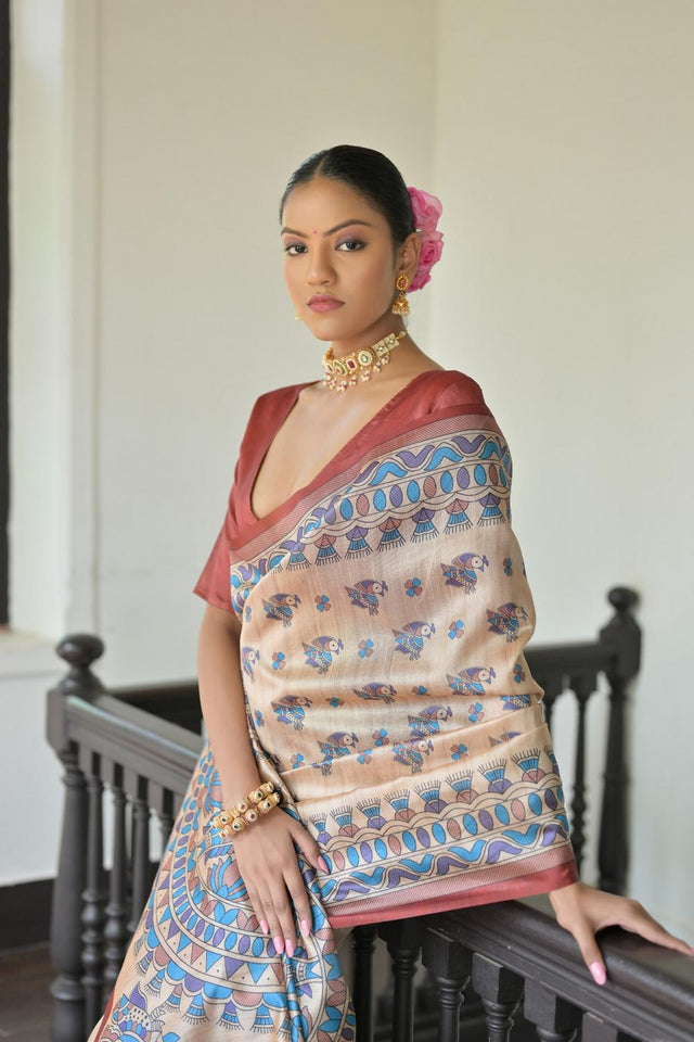 Red Madhubani Printed Tussar Saree (ACA7292)