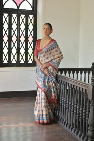 Red Madhubani Printed Tussar Saree (ACA7292)