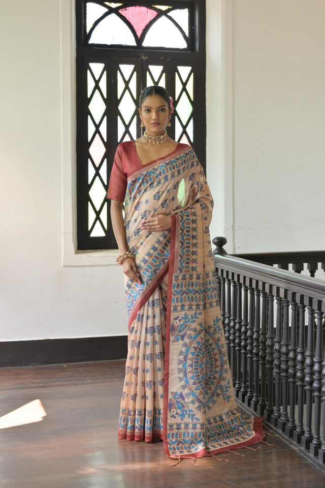 Red Madhubani Printed Tussar Saree (ACA7292)