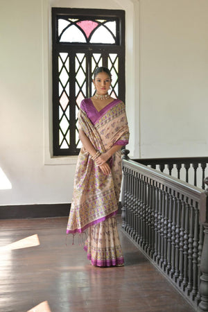 Violet Madhubani Printed Tussar Saree (ACA7293)