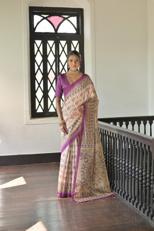 Violet Madhubani Printed Tussar Saree (ACA7293)