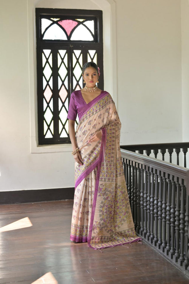 Violet Madhubani Printed Tussar Saree (ACA7293)