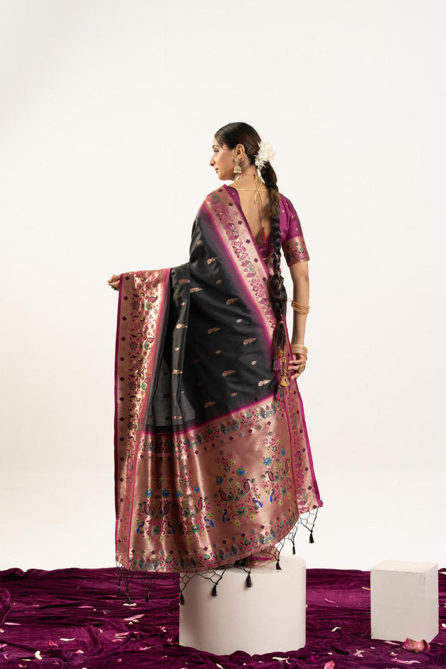 Black Paithani Woven Banarasi Silk Saree (ACA7295)