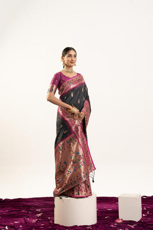 Black Paithani Woven Banarasi Silk Saree (ACA7295)