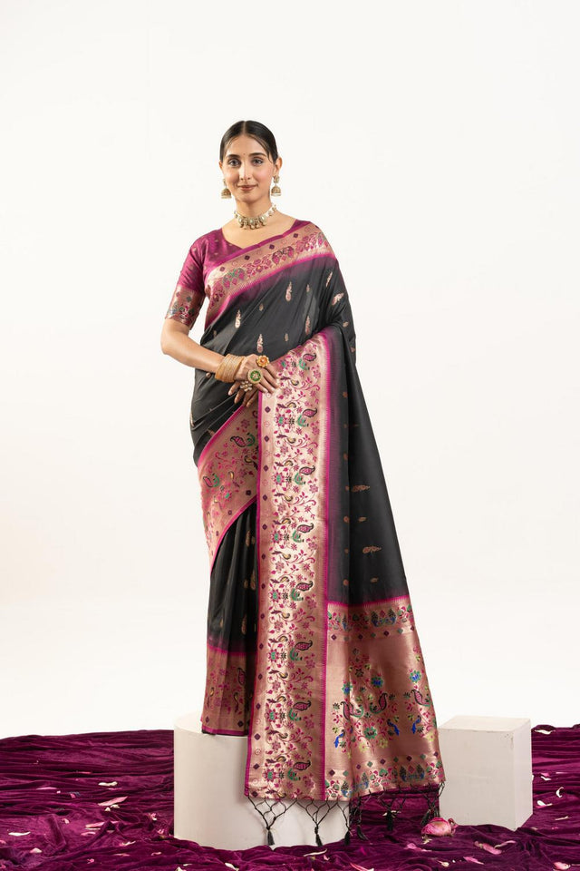 Black Paithani Woven Banarasi Silk Saree (ACA7295)