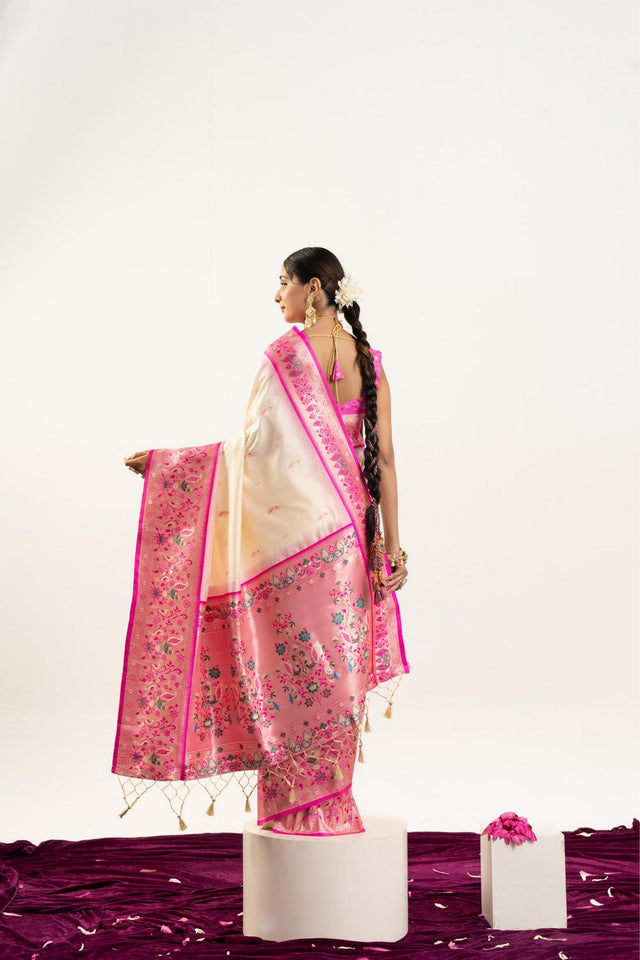 Cream Paithani Woven Banarasi Silk Saree (ACA7296)