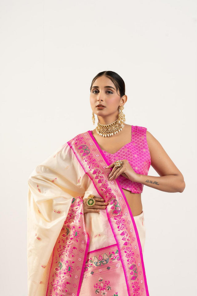 Cream Paithani Woven Banarasi Silk Saree (ACA7296)