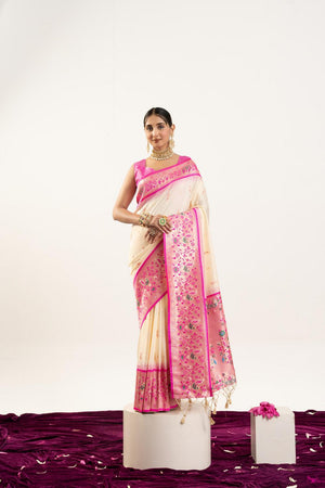 Cream Paithani Woven Banarasi Silk Saree (ACA7296)