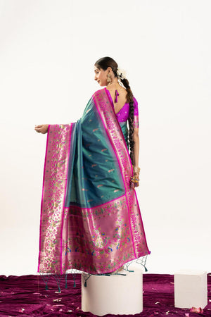 Turquoise Paithani Woven Banarasi Silk Saree (ACA7297)